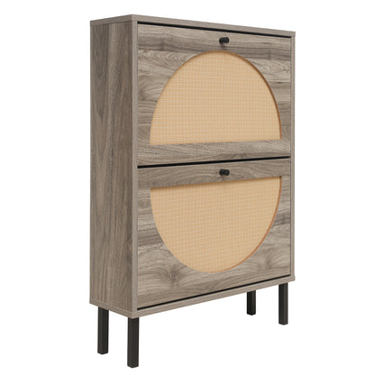 Schuhschrank mit zwei Türen, austauschbaren halbrunden Türfronten und Rattan-Oberfläche, geeignet für den Eingangsbereich und andere Szenen, Retro-grauer