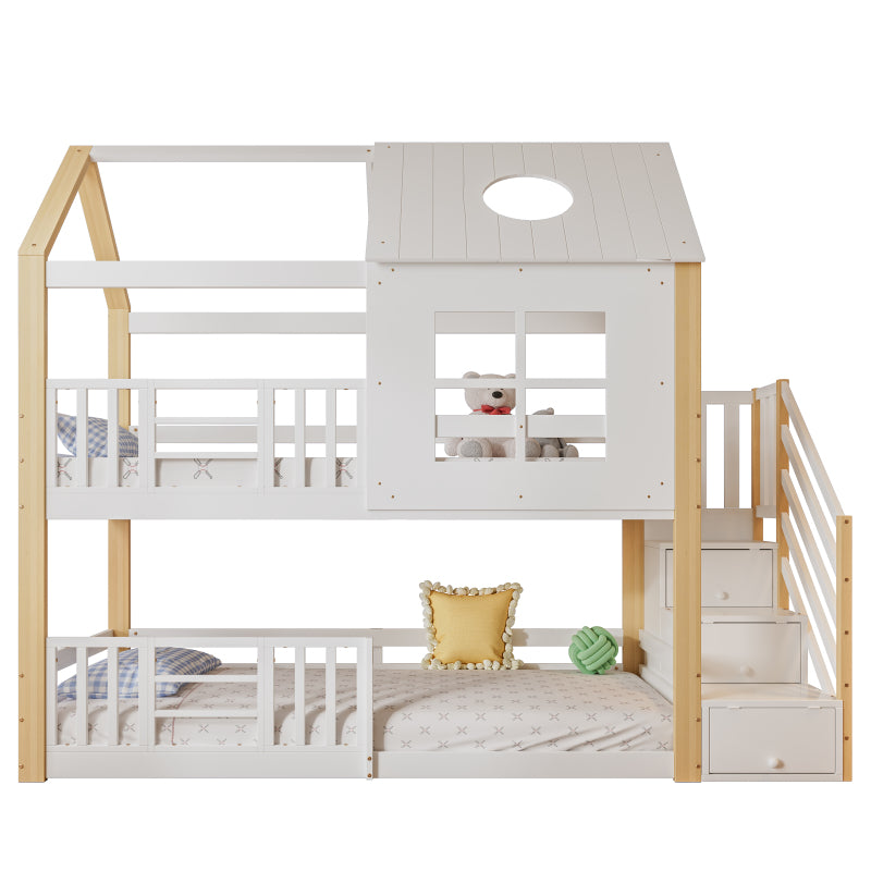 Etagenbett mit Aufbewahrungstreppe, Hausbett, Kinderbett, mit Fallschutzgitter, mit Fenster und Dach, Kiefer+MDF, Weiß+Natur, 90x200cm