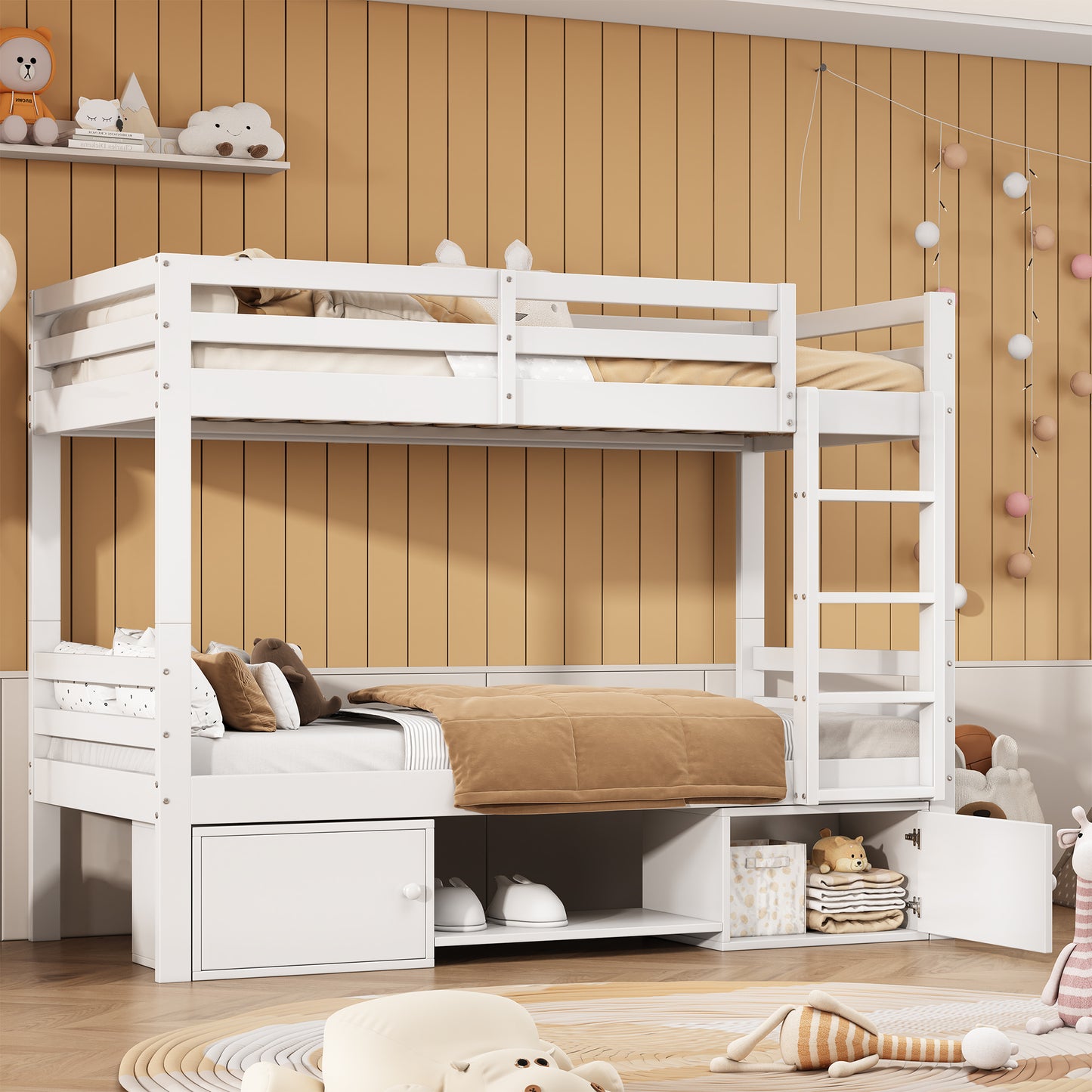 Etagenbett für Kinder, Kinderbett mit Schuhregale und Schließfächer, Bett aufgeteilt in 2 Einzelbetten, Jugendbett, Einzelbett, Weiß, 90x200cm.