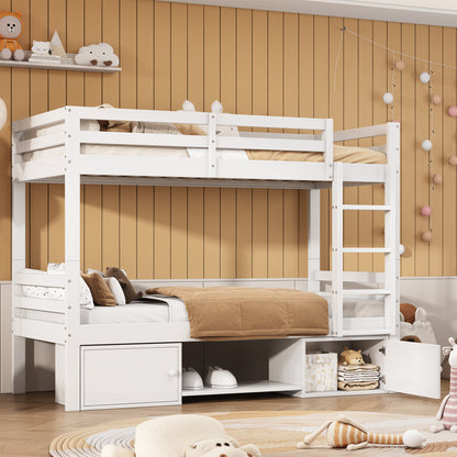 Etagenbett für Kinder, Kinderbett mit Schuhregale und Schließfächer, Bett aufgeteilt in 2 Einzelbetten, Jugendbett, Einzelbett, Weiß, 90x200cm.