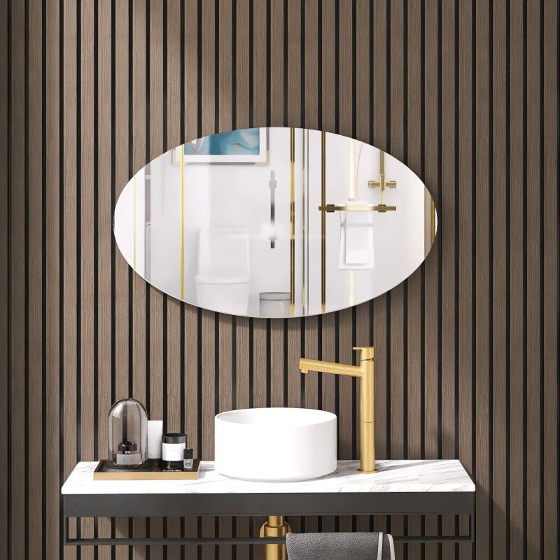 Wandspiegel, ovaler Wandspiegel, rahmenlos, für Bad oder Schlafzimmer, schlichtes und stilvolles Design, horizontal oder vertikal, 64 x 37 cm