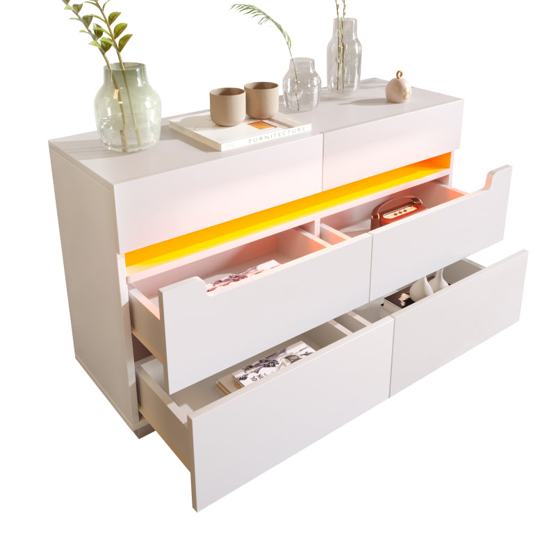 Kommode, Sideboard Holz mit 6 Schubladen, LED Beleuchtung (App Control), Mehrzweckschrank für Wohnzimmer und Schlafzimmer, 71 x 120 x 40 cm, Weiß