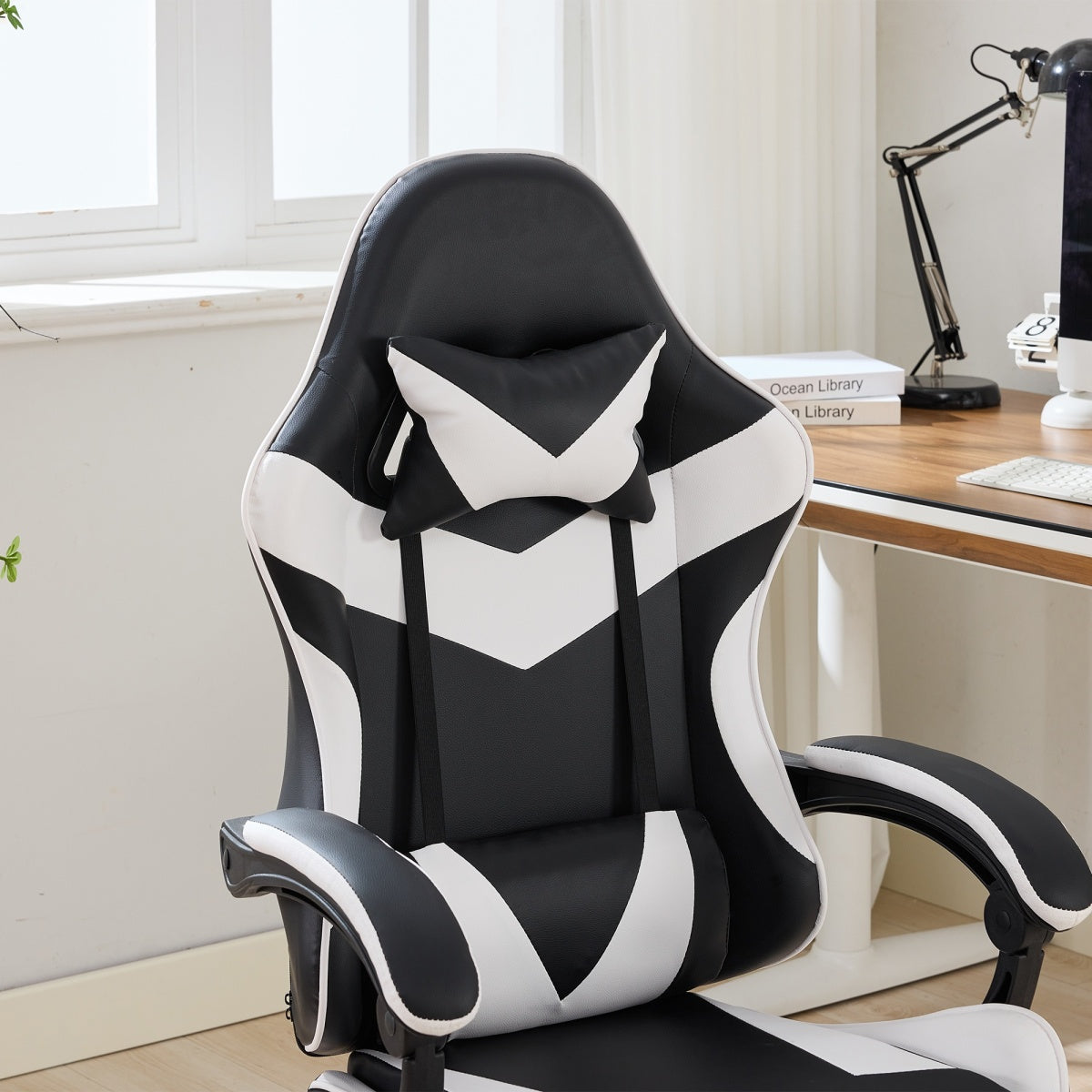 Gaming Stuhl Racing Design, 155° Liegefunktion, Fußstütze, Lendenmassage, Schwarz+Weiß