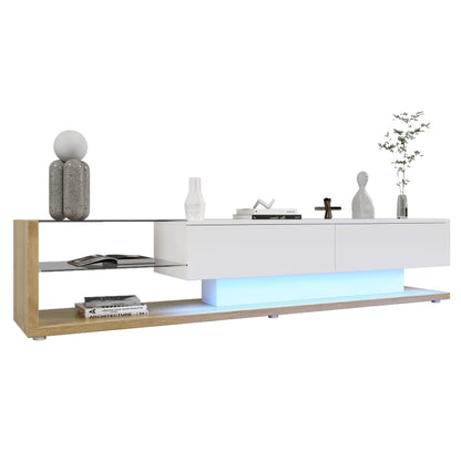 TV-Schränke, Lowboards, Kombination aus Hochglanzweiß und Holzfarben. Glastrennwände und variable LED-Beleuchtung. Es kombiniert natürlichen Landhausstil mit modernem Design.