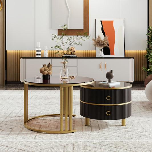 2-in-1 runder MDF-Couchtisch, Beistelltisch mit 1 Hochglanz-Tischplatte und 1 brauner Tischplatte aus gehärtetem Glas, Wohnzimmer-Couchtischkombination mit 2 Schubladen, 70*70*45 + 50*50*40 cm