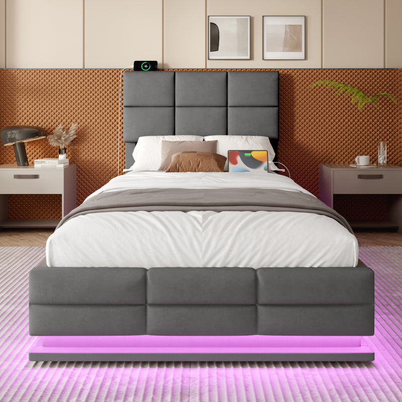 90x200 cm Modernes Velours-Polsterbett mit höhenverstellbarem Kopfteil - Inkl. USB/Type-C-Anschlüssen, LED-Ambientebeleuchtung, hydraulischem Lift-System & XXL-Stauraum (ohne Matratze) - Gray