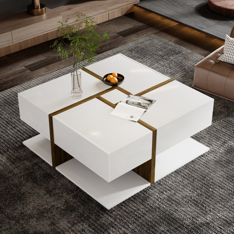 Hochglanz-Couchtisch, Tisch mit 4 Schubladen, einzigartige Farbabstimmung und Liniendesign, Stauraum unten. 78*78*34,8cm