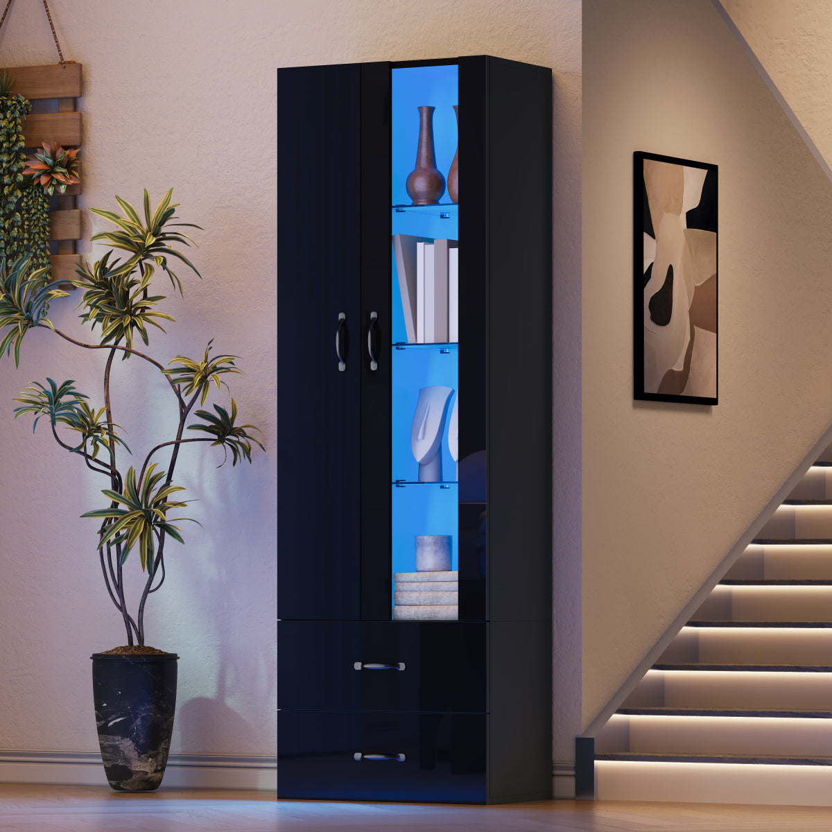 Schwarze LED-Vitrine mit 2 Glastüren - Standvitrine inkl. Beleuchtung, Freistehender Schrank für Wohnzimmer, Buffetschrank & Sammlervitrine, Schwarz
