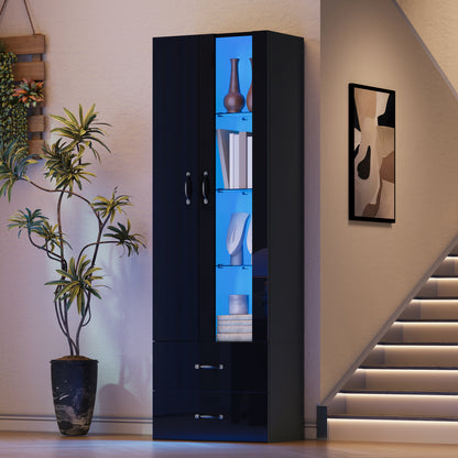 Schwarze LED-Vitrine mit 2 Glastüren - Standvitrine inkl. Beleuchtung, Freistehender Schrank für Wohnzimmer, Buffetschrank & Sammlervitrine, Schwarz