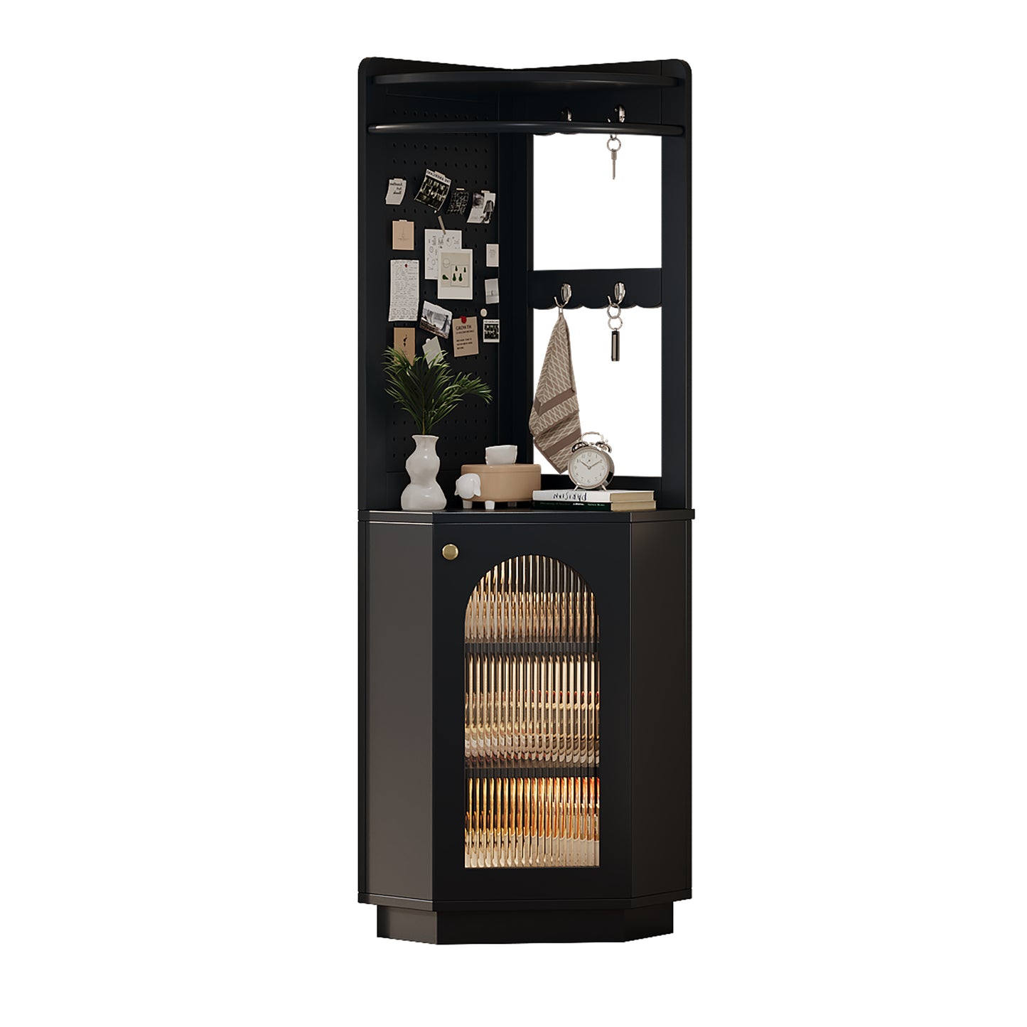Badschrank mit Lichtleiste, Badmöbel, Eckschrank mit Staufach, offenes Fach mit Haken, mit verstellbaren Einlegeböden, 45 x 45 x 166,6 cm, schwarz