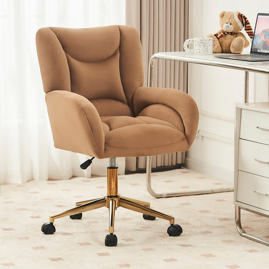 Full KD Samtstoff Material Höhenverstellbarer Drehstuhl für das Home-Office im Innenbereich mit goldenen Beinen, Braun