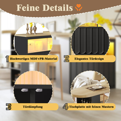 Ausziehbarer Bartisch 135-205cm mit LED & USB, Mobiler Hochtisch Schwarz, Teleskop-Kücheninsel mit Glas-Schiebetür & Soft-Close, Gestreift