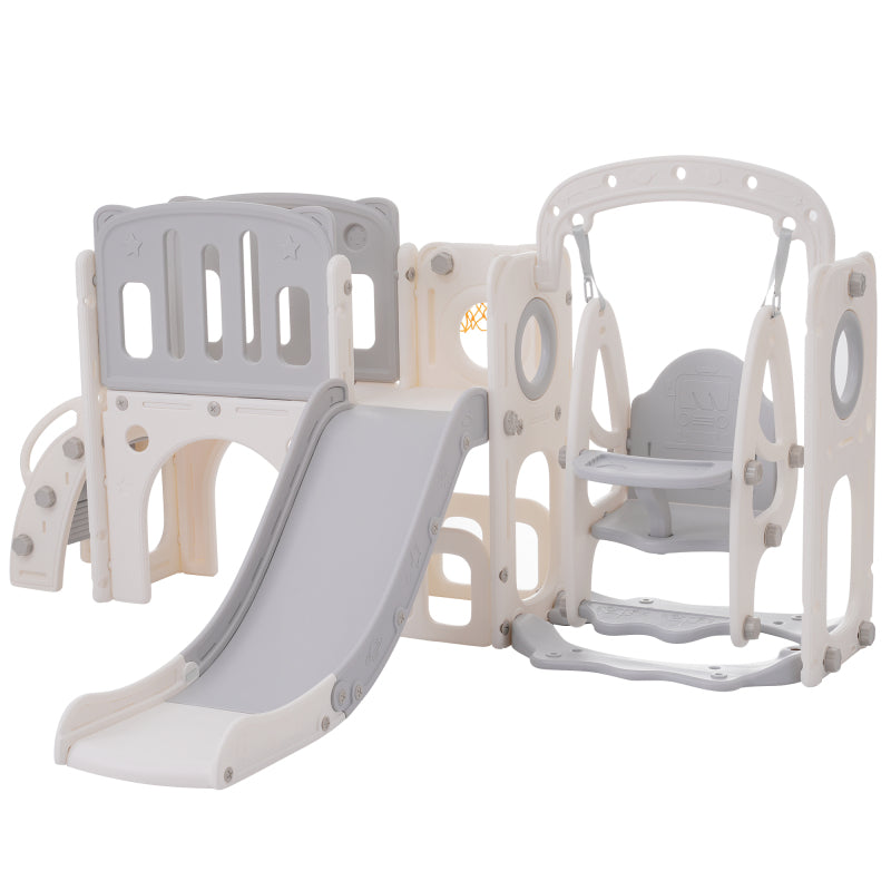 7-in-1-Rutsche für Kinder, bestehend aus Rutsche, Schaukel, Plattform, Unterschrank, Lochbohrspiel, Basketballkorb und Treppe - hochdichtes Polyethylen (Ozeanball nicht enthalten)