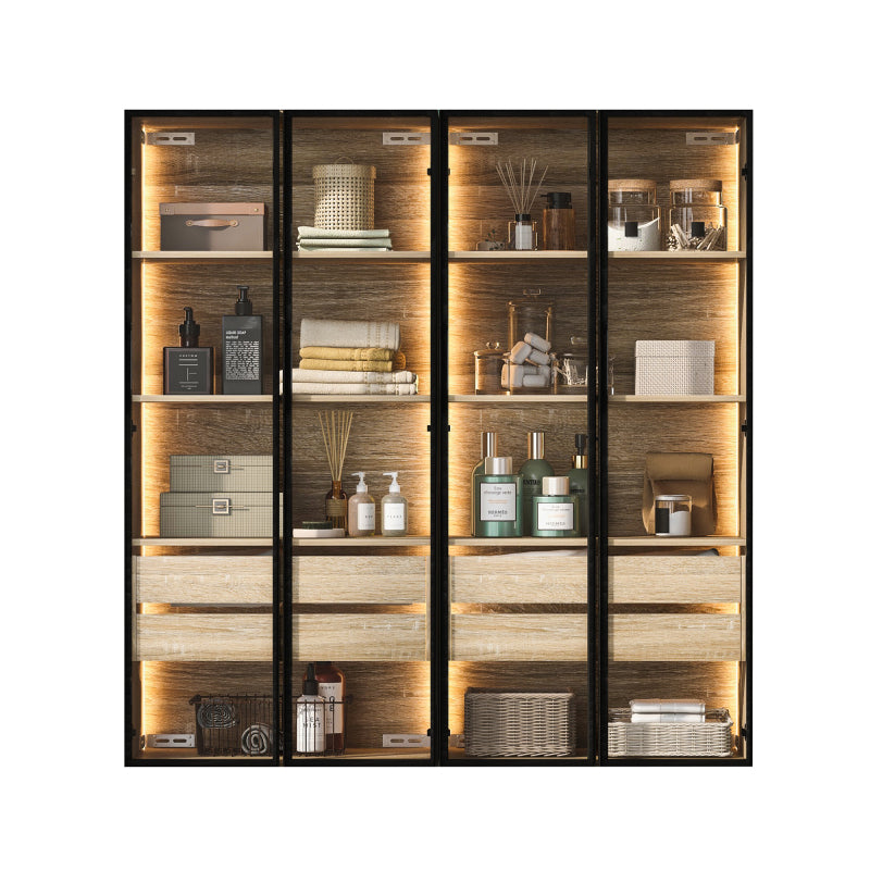 2er-Set  Badezimmerschrank, mittel, mit Lichtleiste, 73 cm breit, mit 2 großen Schubladen und 2 Türen, Glastür