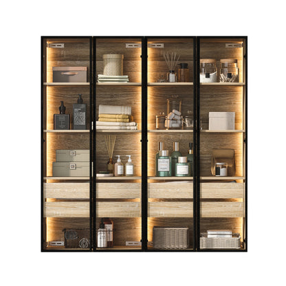2er-Set  Badezimmerschrank, mittel, mit Lichtleiste, 73 cm breit, mit 2 großen Schubladen und 2 Türen, Glastür