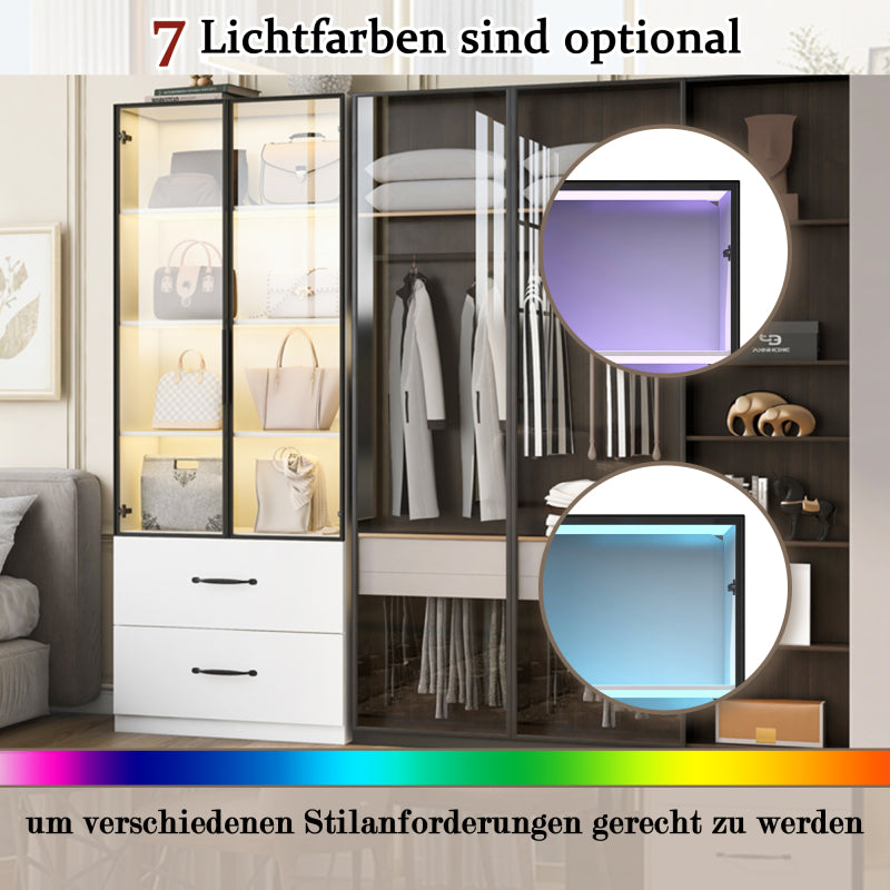 Glasvitrine, Bücherregal und Multifunktionsschrank mit Beleuchtung und Schubladen, mehrfarbige LED, 60×40×160 cm White