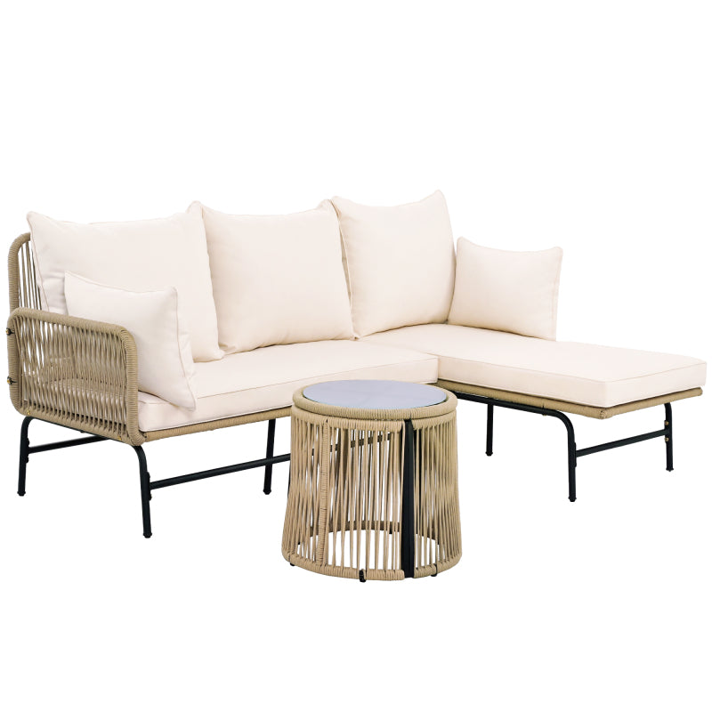 Gartenlounge-Set, Gartenmöbel-Set, Gartenlounge mit Eisengestell und beigem Seilbezug, Gartenmöbel aus gewebtem Seil für den Außenbereich, L-förmiges Gesprächsset mit Tisch, Beige