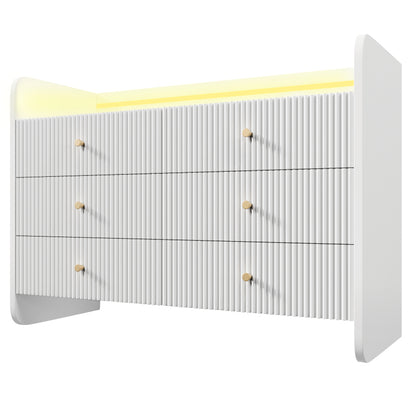 Sideboard, Kommode mit LED-Beleuchtung und 6 Schubladen, Wellenförmiges Rillendesign, Moderner Schrank für Wohnzimmer und Schlafzimmer, 120x40x75cm, Weiß