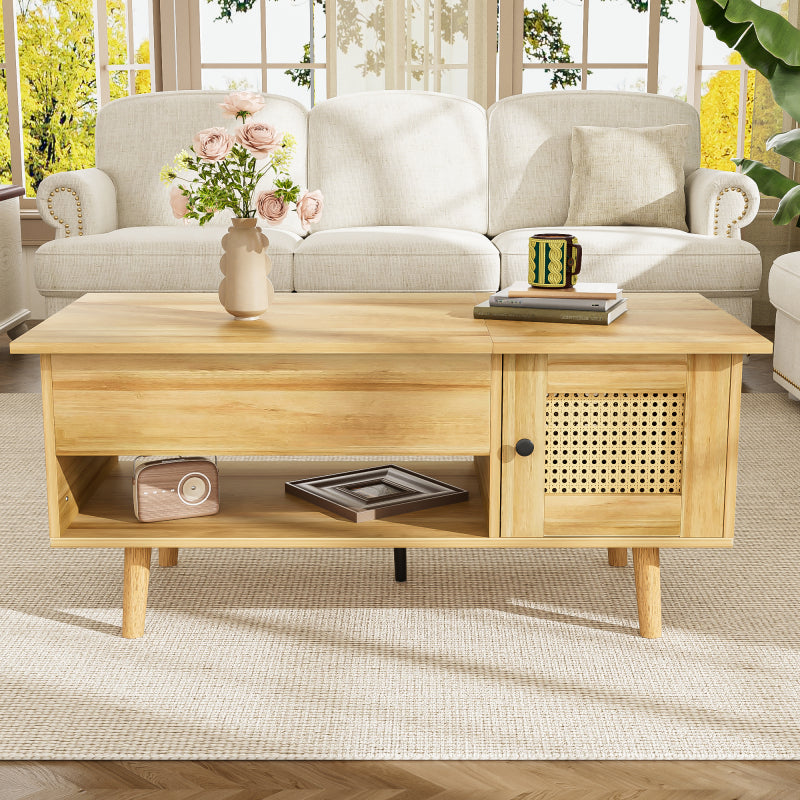 Eleganter Couchtisch mit anhebbarer Tischplatte und Rattan-Türen, Holzfarbe mit schwarzen Akzenten, ideal für das Wohnzimmer – Praktischer Stauraum und funktionales Design