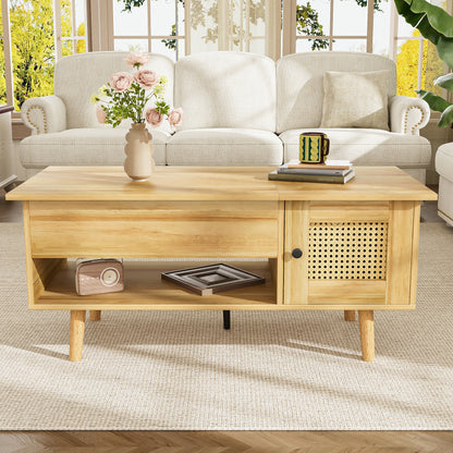 Eleganter Couchtisch mit anhebbarer Tischplatte und Rattan-Türen, Holzfarbe mit schwarzen Akzenten, ideal für das Wohnzimmer – Praktischer Stauraum und funktionales Design