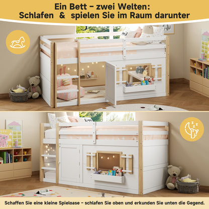 Mini-Etagenbett Weiß 90x200 cm, Kinderbett (110 cm hoch) aus Massivholz/MDF, Inkl. Lattenrost