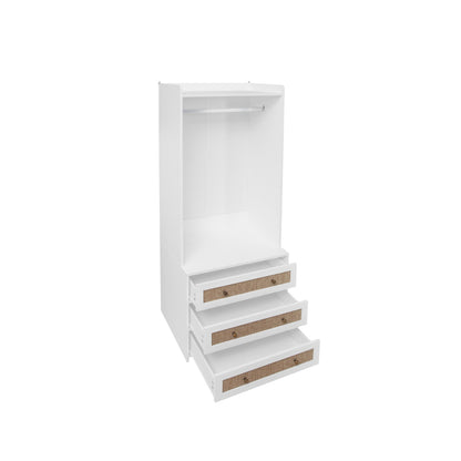 Weißer Kleiderschrank mit drei Schubladen – Garderobe mit Stauraumregal im Boho-Stil – Höhe 180 cm – ideal für Flur, Wohnzimmer, Schlafzimmer, Arbeitszimmer oder Büro.Maße:70*48*180cm