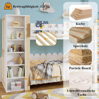 Etagenbett, Kinderbett mit Fallschutz und Gitter, mit 4-stufiger Leiter, 6 offenen Regalen, Kleiderschrank seitlich, Reichlich Stauraum,  Kiefer+PB, Weiß+Natur,  90x200cm