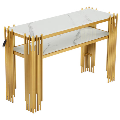 Mid-Century Modern Wohnzimmer Beistelltisch, Konsolentisch, weißer Korpus mit goldenen Beinen, doppellagiges MDF, belastbar bis 40 kg