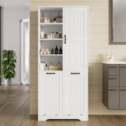 78 x 35 x 172 cm Badezimmerschrank, feuchtigkeitsbeständige Farbe, doppelter Wäschekorb, vier offene Fächer, eine Tür, drei Fächer in der Tür, verstellbare Regale, viel Stauraum, weiß