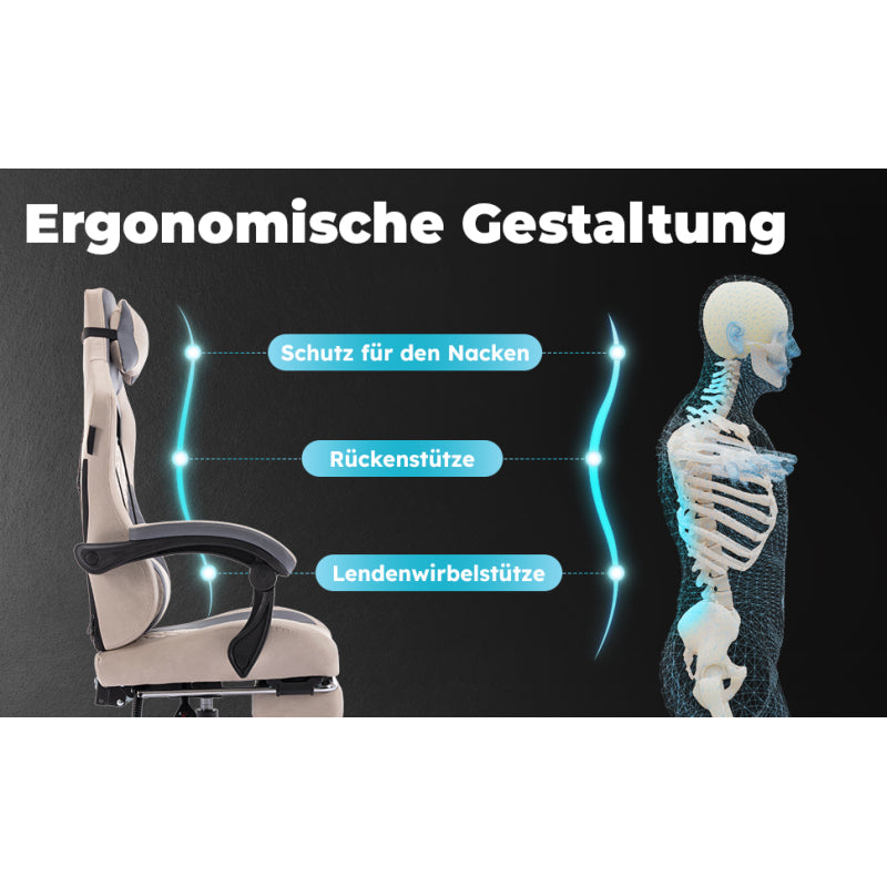 Gaming Stuhl, Ergonomischer Gaming-Stuhl mit Fußstütze, Racing Gaming Chair Kopfstütze Verstellbarer Computerstuhl Höhenverstellbar Lendenwirbelstütze für Homeoffice und Gaming Beige