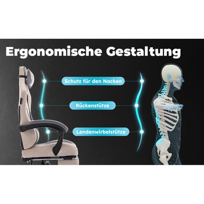 Gaming Stuhl, Ergonomischer Gaming-Stuhl mit Fußstütze, Racing Gaming Chair Kopfstütze Verstellbarer Computerstuhl Höhenverstellbar Lendenwirbelstütze für Homeoffice und Gaming Beige