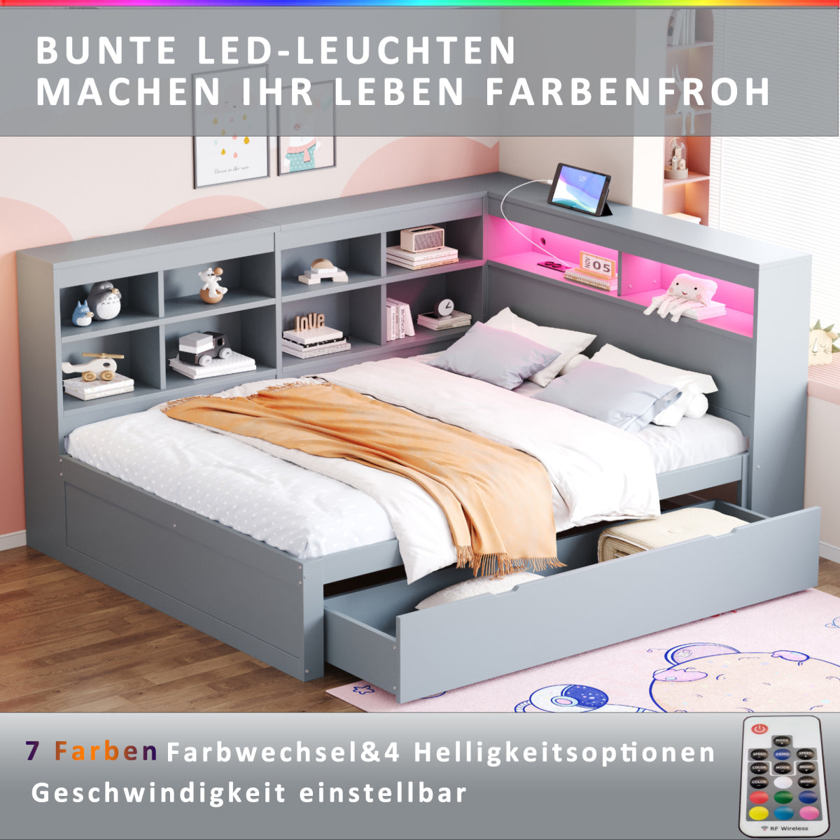 Massivholz-Doppelbett 140x200 Weiß mit LED & USB - Multifunktionales Sofa-Bett mit großen Schubladen, Ablagefächern & viel Stauraum, Grau