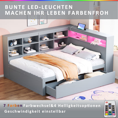 Massivholz-Doppelbett 140x200 Weiß mit LED & USB - Multifunktionales Sofa-Bett mit großen Schubladen, Ablagefächern & viel Stauraum, Grau