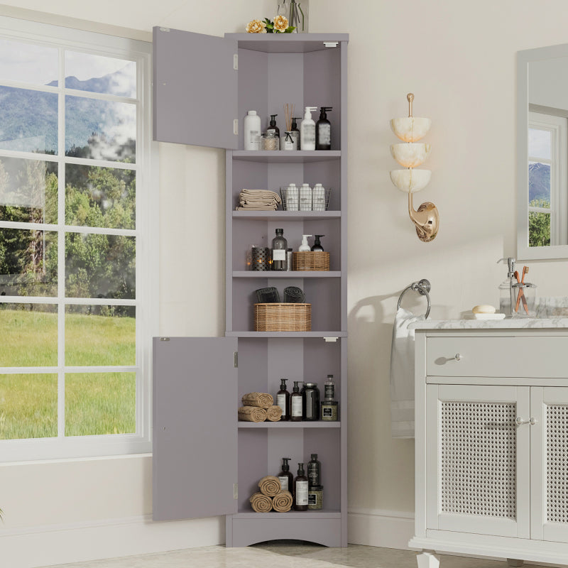 36.5 x 24.5 x 170cmDreieckiger Badezimmerschrank, feuchtigkeitsbeständiger Lack, drei offene Ablagefächer, Doppeltüren, verstellbare Einlegeböden, platzsparend, Grau