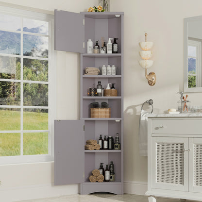 36.5 x 24.5 x 170cmDreieckiger Badezimmerschrank, feuchtigkeitsbeständiger Lack, drei offene Ablagefächer, Doppeltüren, verstellbare Einlegeböden, platzsparend, Grau