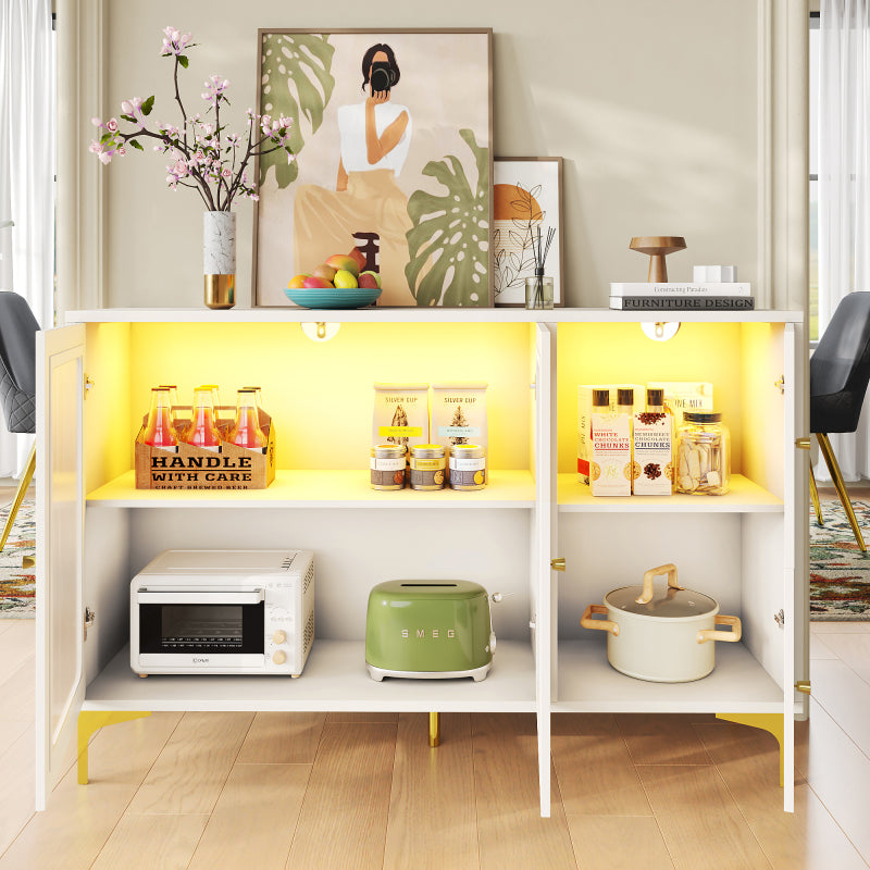 Modernes und schlichtes weißes Sideboard (140 x 40 x 90 cm), Changhong-Glastür-Design, integriertes warmes Umgebungslicht, mit dekorativen Metalldetails und viel Stauraum, geeignet für Esszimmer