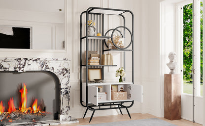 80 x 30 x 180 cm Metallregal, weißer Lagerschrank mit Doppeltür, drei Regalböden, schwarzes Metallregal, hohe Metallfüße, runde Dekoration, weiß + schwarz