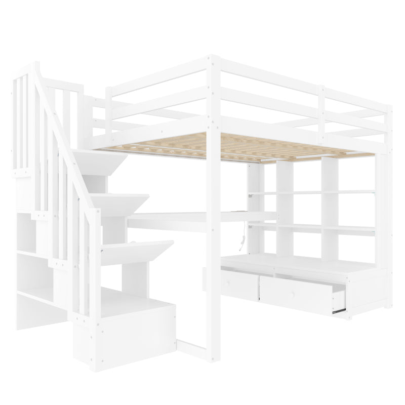 140x200 Hochbett mit Schreibtisch und Regalen, zwei integrierten Schubladen, Stauraumtreppe, weiß