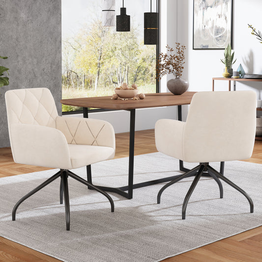 2er Set 360° Drehbarer Esszimmerstühle mit Rautenmuster, Samt,Beige