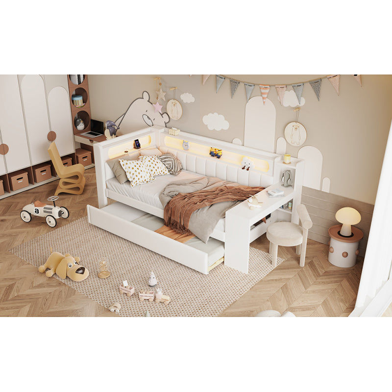 Gepolstertes 90x200 Tagesbett mit USB-Anschlüssen und LED-Gürtel, mit Ausziehbett und Schreibtisch, Weiß