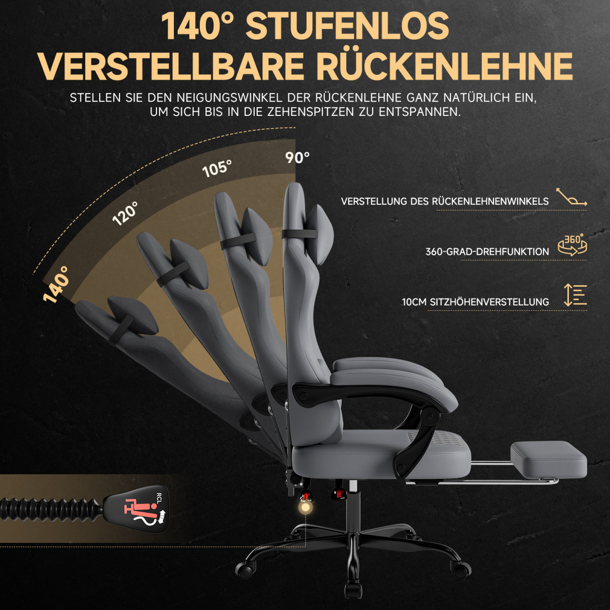 Gaming Stuhl mit Massage, Fußstütze, PVC-Leder, 150 kg Belastbar, Ergonomisch, Grau