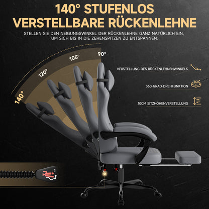 Gaming Stuhl mit Massage, Fußstütze, PVC-Leder, 150 kg Belastbar, Ergonomisch, Grau