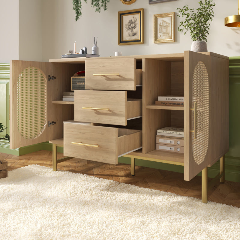 Rattan kommode mit 3-Schubladen und 2-Rattan-Türer,kommode schrank, Schminktisch, für Schlafzimmer und Wohnzimmer, Verstellbare Regale, Kippschutz, 120 x 40 x 74 cm, Sonoma Eiche