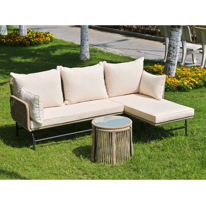 Gartenlounge-Set, Gartenmöbel-Set, Gartenlounge mit Eisengestell und beigem Seilbezug, Gartenmöbel aus gewebtem Seil für den Außenbereich, L-förmiges Gesprächsset mit Tisch, Beige