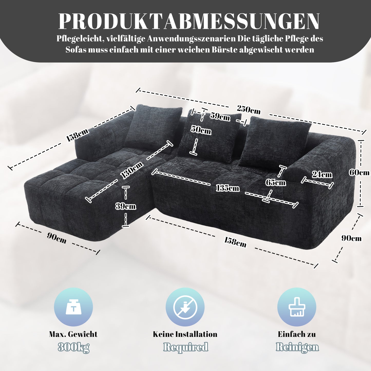 Modernes Sektionssofa, L-Sofa, 3-Sitzer-Sofa, keine Installation erforderlich, Chenille-Sofa mit Chaiselongue und Armlehnen, 3 Kissen, Seitentasche für Fernbedienung, Schwarz