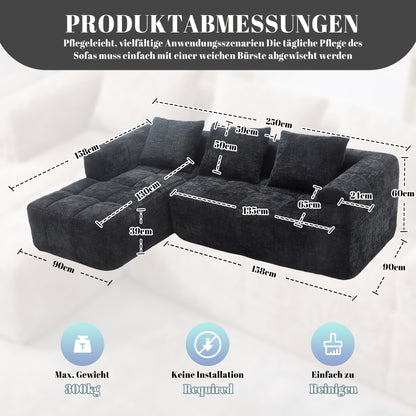 Modernes Sektionssofa, L-Sofa, 3-Sitzer-Sofa, keine Installation erforderlich, Chenille-Sofa mit Chaiselongue und Armlehnen, 3 Kissen, Seitentasche für Fernbedienung, Schwarz