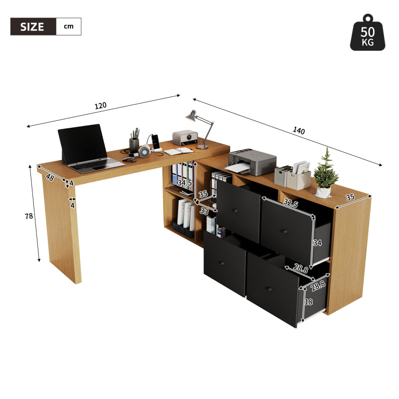 Ecktisch, Tischplatte 360° schwenkbar - L-förmig oder gerade aufstellbar, MDF,  mit 4 Fächern, 4 Schubladen, weiß
