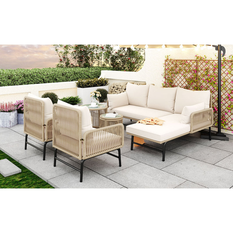 Gartenlounge-Set, Gartenmöbel-Set, Mit Eisenrahmen und beigem Seil, Gartenmöbel aus gewebtem Seil für den Außenbereich, Beige, Zwei Sessel, zwei 2-Sitzer-Sofas und zwei Tische (alle Kissen inklusive)