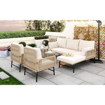 Gartenlounge-Set, Gartenmöbel-Set, Mit Eisenrahmen und beigem Seil, Gartenmöbel aus gewebtem Seil für den Außenbereich, Beige, Zwei Sessel, zwei 2-Sitzer-Sofas und zwei Tische (alle Kissen inklusive)