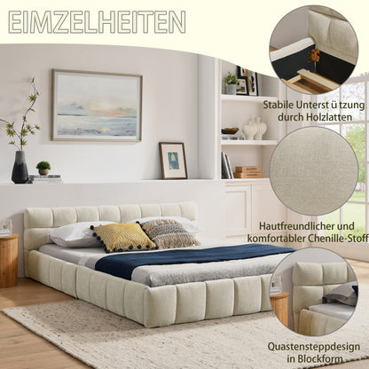 Doppelbett 160x200 cm, Bett mit seidig weichem Chenille - Bezug, quadratischem Steppdesign, Beige (ohne Matratze)